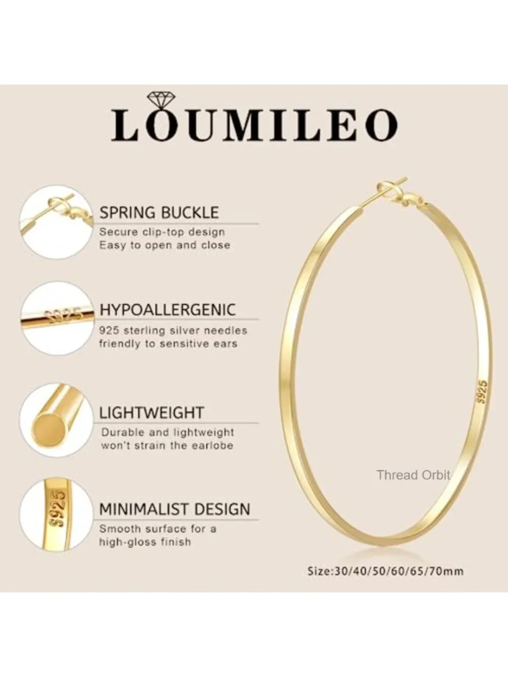 Sterling Silver Large Hoop Earrings Hypoallergenic Lightweight Thin Hoops